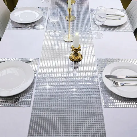 Runner da Tavolo Disco Mirror Grid Riflettente Paillette Mosaico Tovaglia per Matrimonio Festa Compleanno Evento Decorazione Poliestere Brillante