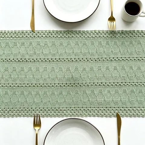 Nordic Minimalist Polyester Table Runner Striped Geometric Crochet Hollow Out Scalloped Fringe Decorative Dustproof Dust Cover For Dining Table Home Decor