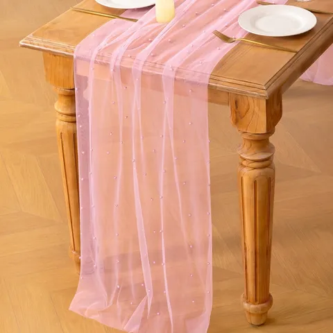 Tüll Tischläufer Mit Künstlichen Perlen Transparente Netz Tischdecke Für Hochzeitsfeier Bankett Dessert Tisch Hintergrund Deko