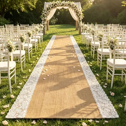 Camino de Mesa de Yute y Encaje Alfombra Decorativa para Pasillo de Boda Decoración de Fiesta al Aire Libre Estilo Rústico Vintage