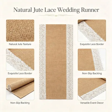 Camino de Mesa de Yute y Encaje Alfombra Decorativa para Pasillo de Boda Decoración de Fiesta al Aire Libre Estilo Rústico Vintage