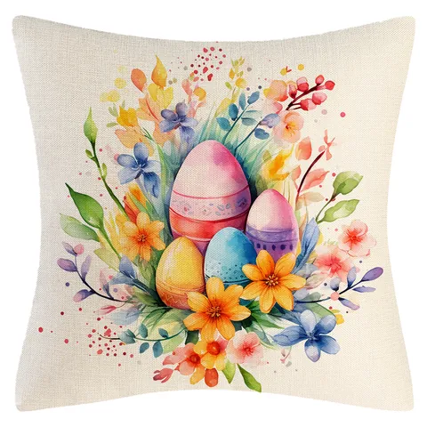 Easter Cotton Linen Pillow Case Watercolor Bunny Egg Floral Printed Decorative Cushion Cover For Sofa Living Room Home Decor