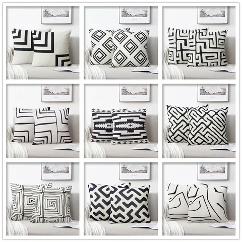 Funda de Almohada Geométrica Minimalista Moderna Algodón Lino Funda de Cojín Cuadrada Rayas Abstractas para Sofá Decoración del Hogar