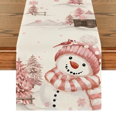 Linen Christmas Table Runner Pink Snowman Nutcracker Soldier Xmas Dinner Table Decoration Holiday Party Tablecloth