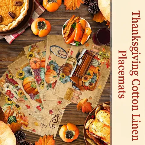 Polyester Linen Autumn Thanksgiving Halloween Placemats Printed Pumpkin Sunflower Retro Truck Heat Resistant Table Mats For Dining Room Decor