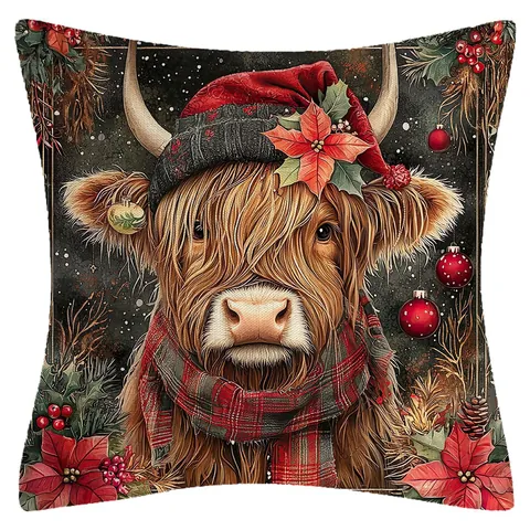 Funda de Cojín de Navidad Vaca de las Highlands Tartan Plaid Flor de Pascua Estampado Funda de Almohada Decoración del Hogar