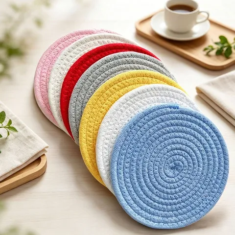 Hand Woven Cotton Rope Heat Resistant Place Mats Nordic Spiral Round Coasters For Dining Table Kitchen Decor Padded Tableware Gift