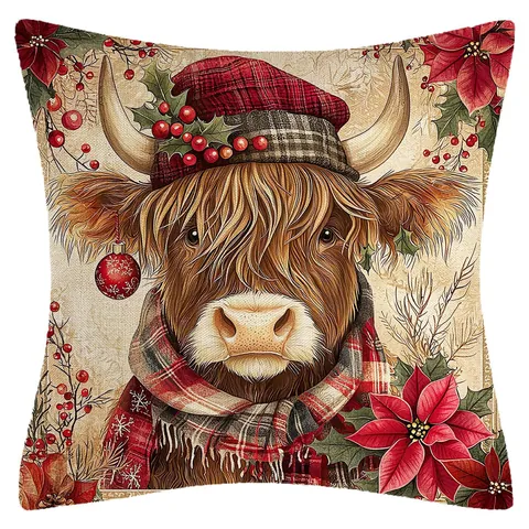Weihnachten Hochlandrind Kissenbezug Vintage Bedruckter Deko Kissenhülle Für Sofa Couch Home Deko Xmas Wohnzimmer