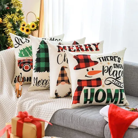 Nordisch Weihnachten Polyester Kissenbezug Rentier Schneeflocke Bedruckt Kissenhülle Büffelkaromuster Weihnachtsmann Dekokissen Für Wohnzimmer Sofa Zuhause Feiertag Dekoration