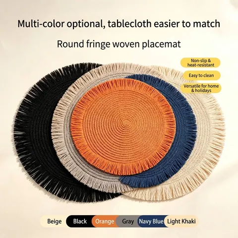 Round Paper Woven Placemats With Fringe Tassel Heat Resistant Anti Slip Boho Dining Table Mats For Home Party Decoration