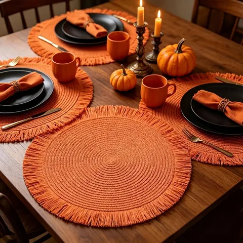 Round Paper Woven Placemats With Fringe Tassel Heat Resistant Anti Slip Boho Dining Table Mats For Home Party Decoration