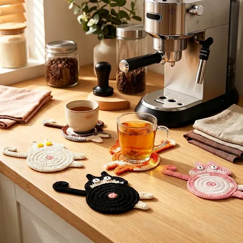 Handmade Knitted Cat Shape Coaster Heat Resistant Cotton Cup Mat Cute Animal Table Decoration Crochet Mug Rug Home Decor