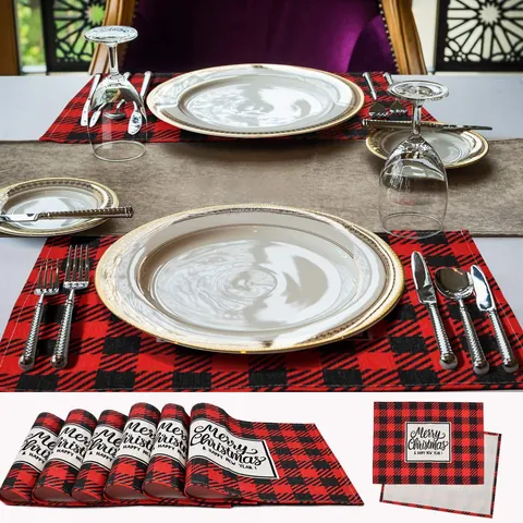Christmas Buffalo Plaid Polyester Place Mat Nordic Style Graphic Print Heat Resistant Rectangular Table Decoration Holiday Dining Tabletop Protection