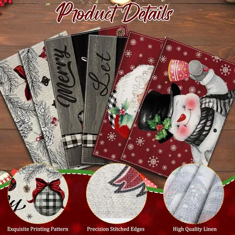 Christmas Linen Placemat Festive Printed Santa Claus Snowman Snowflake Rectangle Dining Table Mat For Holiday Banquet Home Decoration