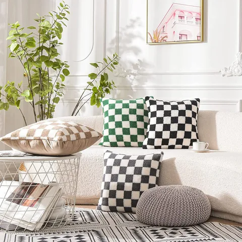 Federa per Cuscino in Peluche a Scacchiera Moderno Minimalista Copricuscino Geometrico Morbido per Divano Soggiorno Casa