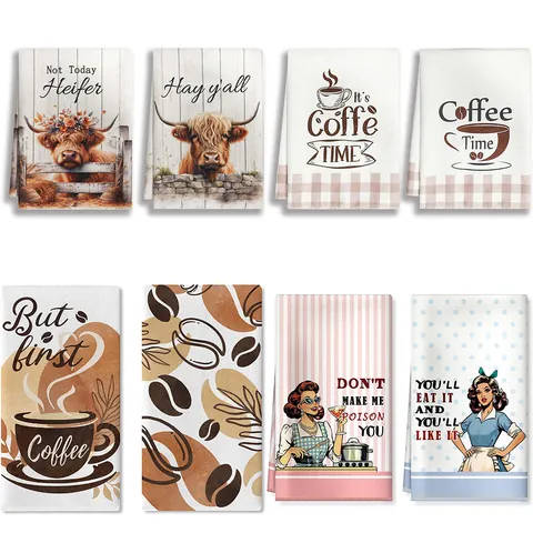 Rustic Microfiber Kitchen Dishcloth Printed Coffee Illustration Tea Towel Soft Absorbent Quick Dry Towels For Home Kitchen Decoration