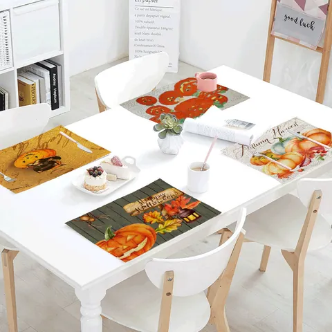 Halloween Pumpkin Placemats Cotton Linen Table Mats Heat Resistant Washable Place Mats For Dining Table Party Decor