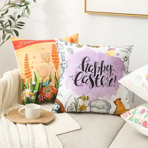 Happy Easter Pillowcase Watercolor Rabbit Bunny Eggs Floral Pattern Throw Pillow Cover Peach Skin Cushion Case For Sofa Home Decor