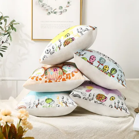 Happy Easter Pillowcase Watercolor Rabbit Bunny Eggs Floral Pattern Throw Pillow Cover Peach Skin Cushion Case For Sofa Home Decor