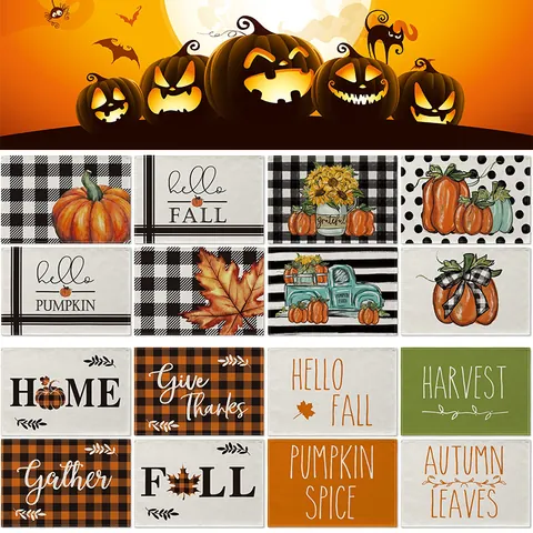Thanksgiving Place Mats Harvest Pumpkin Maple Leaf Pattern Cotton Linen Table Mats Heat Resistant Washable Farmhouse Kitchen Dining Decor