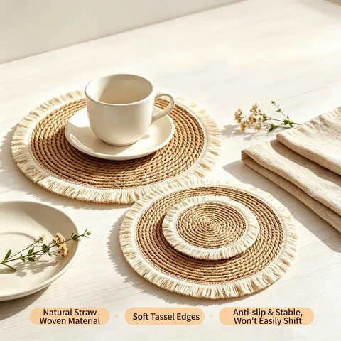 Nordic Natural Straw Woven Round Placemat With Cotton Tassel Fringe Heat Resistant Insulation Table Mat For Dining Table Home Decor Coaster Pot Pad