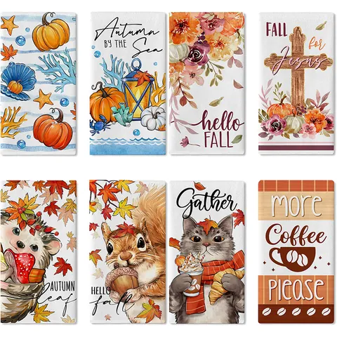 Thanksgiving Pumpkin Striped Kitchen Towel Microfiber Autumn Maple Leaf Dish Towel Festive Bathroom Hand Towel Printed Tea Towel