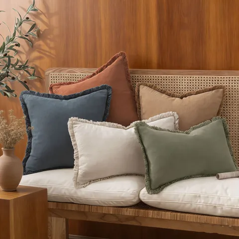 Housse de Coussin en Lin Naturel Style Bohème Couleur Unie Glands Taie d'Oreiller Décorative pour Canapé Lit