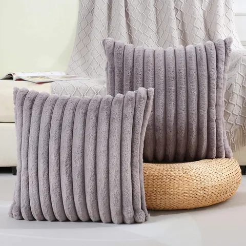 Nordic Style Striped Faux Rabbit Fur Throw Pillow Cover Soft Plush Sofa Cushion Bedside Pillow Home Decor