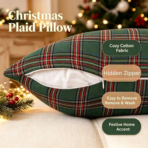 Vintage Christmas Plaid Pillow Case Polyester Checkered Throw Cushion Cover For Sofa Living Room Decor Holiday Home Gift