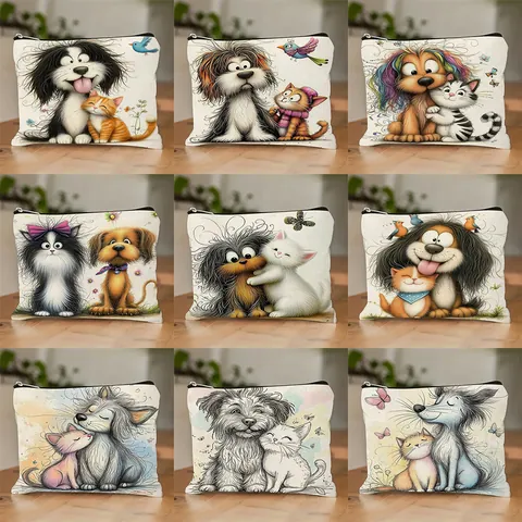 Women's Printed Polyester Makeup Bag Cute Animal Illustration Travel Storage Pouch With Zipper Closure Multi-Function Cosmetic Organizer