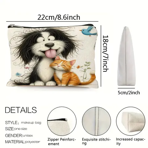 Women's Printed Polyester Makeup Bag Cute Animal Illustration Travel Storage Pouch With Zipper Closure Multi-Function Cosmetic Organizer