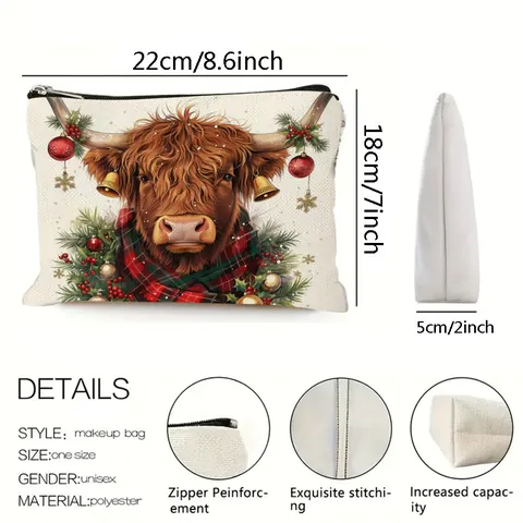 Highland Cow Christmas Cosmetic Bag Polyester Linen Texture Zipper Portable Makeup Pouch Travel Storage Bag For Women Holiday Gift
