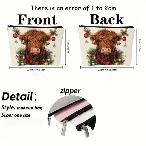 Highland Cow Christmas Cosmetic Bag Polyester Linen Texture Zipper Portable Makeup Pouch Travel Storage Bag For Women Holiday Gift