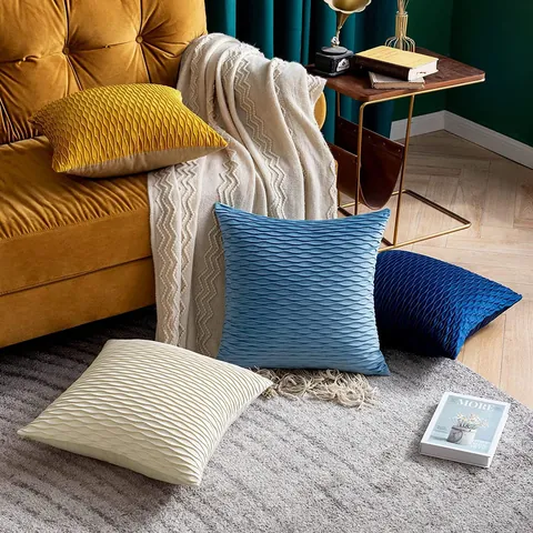 Taie d'Oreiller Rayée Plissée en Velours de Luxe Nordique Couleur Unie Housse de Coussin Décorative pour Canapé Salon Maison