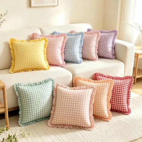 American Vintage Cotton Gingham Cushion Cover Ruffled Edge Square Plaid Throw Pillow Case For Sofa Living Room Bedroom Decor