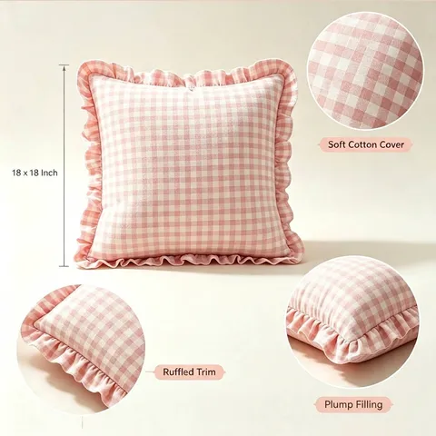 American Vintage Cotton Gingham Cushion Cover Ruffled Edge Square Plaid Throw Pillow Case For Sofa Living Room Bedroom Decor