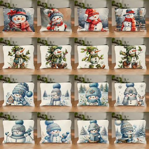 Borsa Cosmetica con Stampa di Pupazzo di Neve di Natale per Donna Bambini Organizzatore di Trucco in Poliestere Impermeabile Portatile