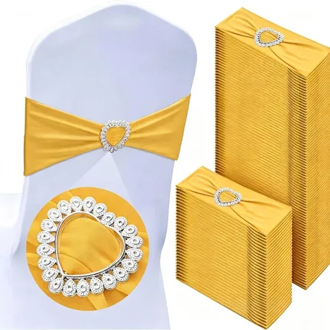 Fasce per Sedie Elastiche in Poliestere Con Fibbia a Cuore in Strass per Decorazione di Coprisedie da Festa di Banchetto di Nozze