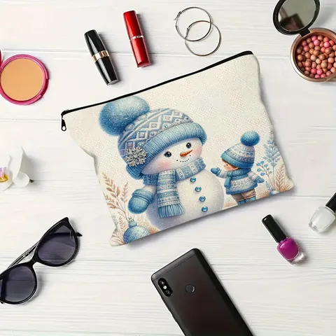 Borsa Cosmetica con Stampa di Pupazzo di Neve di Natale per Donna Bambini Organizzatore di Trucco in Poliestere Impermeabile Portatile