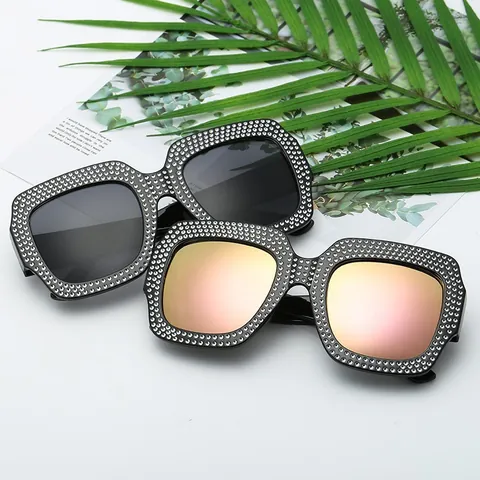 Gafas de Sol Cuadradas Oversize para Mujer con Strass Protección UV400 Montura de PC Lente de AC Moda Brillante