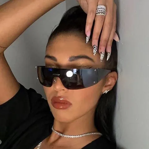 Y2K Star Rimless Shield Sunglasses For Women Futuristic One Piece Sports Wrap Around Fashion Mirror Lens Eyewear Accessory