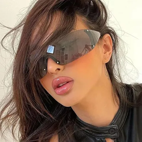 Y2K Star Rimless Shield Sunglasses For Women Futuristic One Piece Sports Wrap Around Fashion Mirror Lens Eyewear Accessory