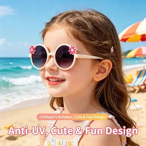 Kids Cute Sunflower Round Frame Sunglasses PC UV400 Outdoor Sun Protection Shades Daisy Flower Glasses For Children Boys Girls Vacation