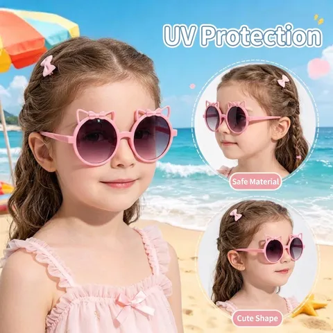 Kids Cartoon Cat Ear Sunglasses For Girls UV400 Protection Round Frame Sun Glasses With Bowknot Decoration Baby Fashion Eyewear