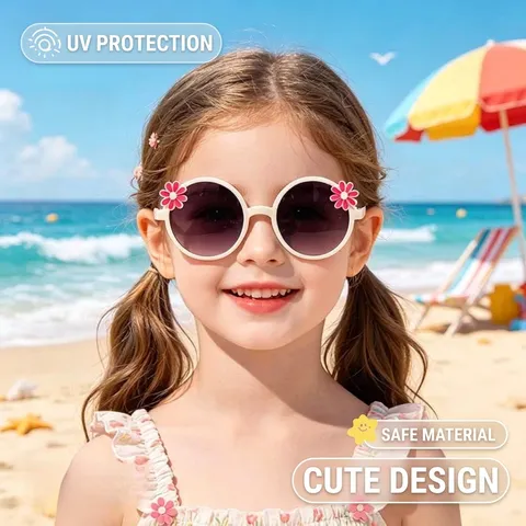 Kids Cute Sunflower Round Frame Sunglasses PC UV400 Outdoor Sun Protection Shades Daisy Flower Glasses For Children Boys Girls Vacation