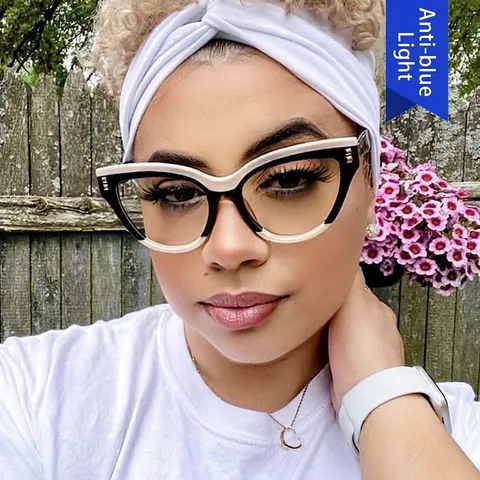 Gafas Transparentes de Moda Ojo de Gato Anti Luz Azul para Mujer Montatura Grande Retro Gafas de Ordenador PC Completa