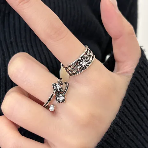 Vintage Thai Silver Style Flower Open Ring For Women Adjustable Copper Rhinestone Artificial Pearl Floral Finger Ring Jewelry