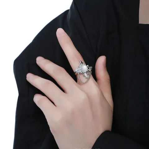 Women Trendy Minimalist Copper Open Ring With Synthetic Moonstone Pleated Irregular Chain Adjustable Index Finger Ring Fashion Jewelry