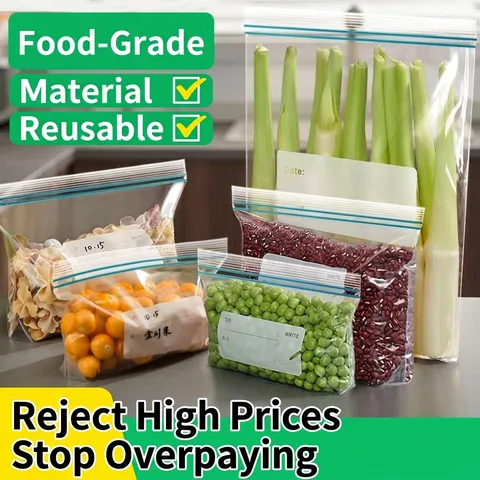 Food Grade Plastic Double Zipper Airtight Seal Reusable Freezer Storage Fresh-Keeping Bags For Home Kitchen Food Organization