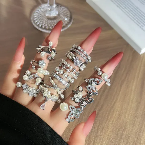 French Baroque Copper Artificial Pearl Open Ring For Women Adjustable Silver Rhinestone Stackable Sweet Finger Ring Fashion Jewelry